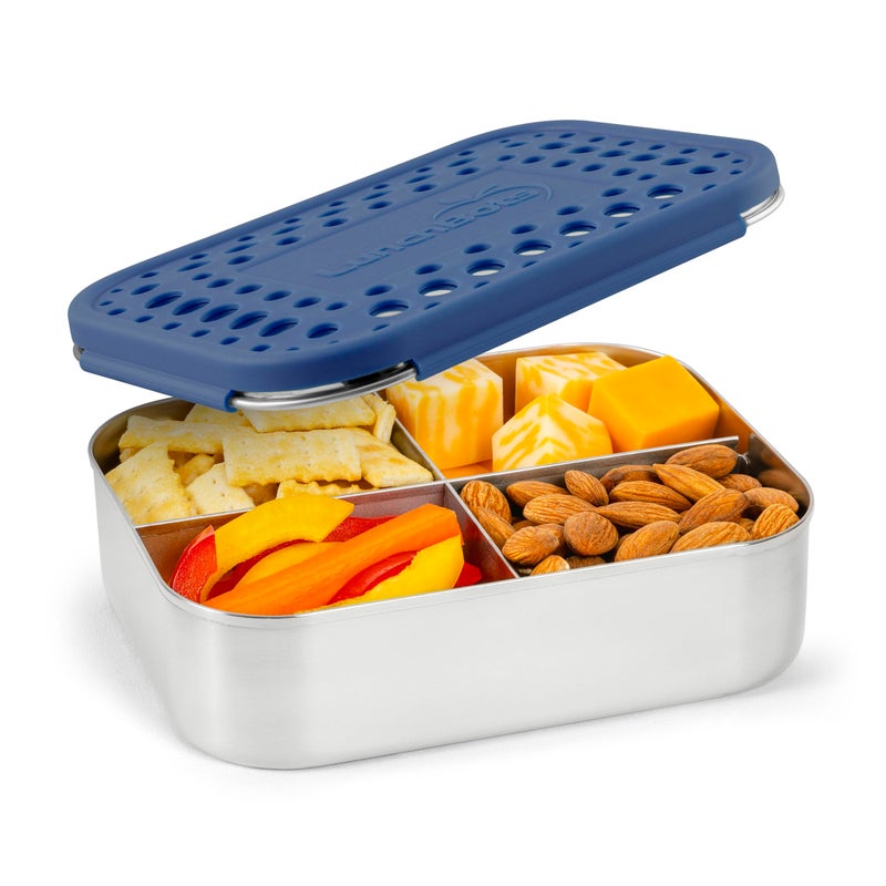 LunchBots Medium Quad Snack Container - Divided Stainless Steel Food Container - Four Sections for Finger Foods On the Go - Eco-Friendly, Dishwasher Safe - Stainless Lid - Blue Dots - Image 1